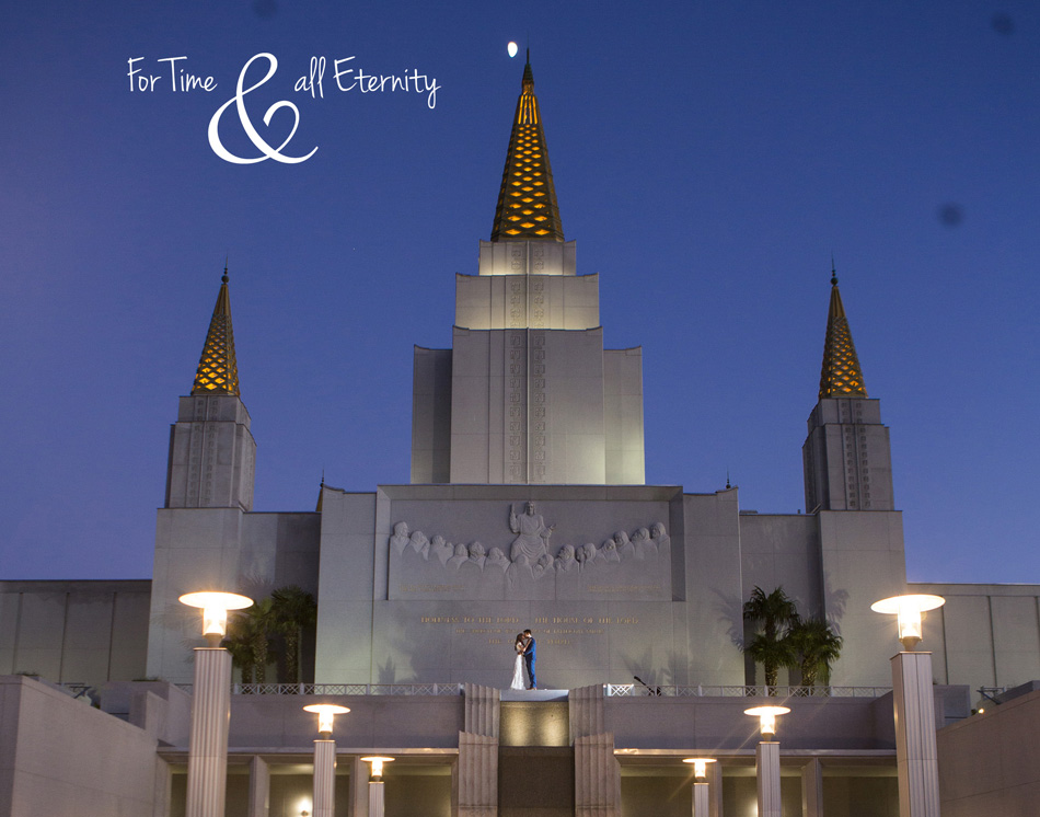 Evening wedding photo at Oakland LDS Temple