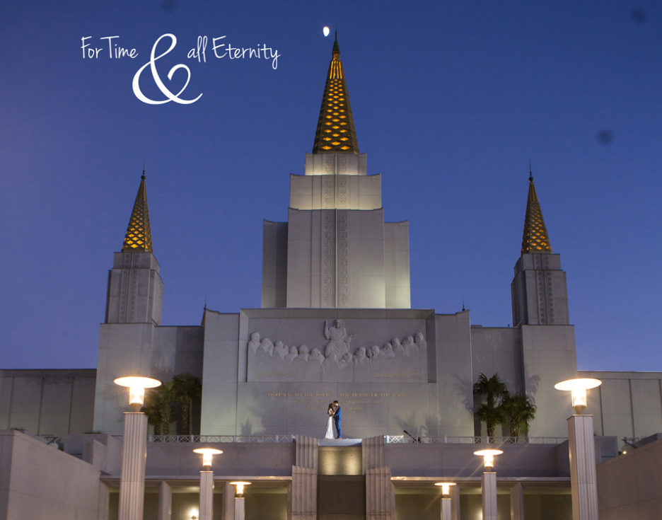 California wedding evening photograph of wedding couple at the Oakland LDS temple .